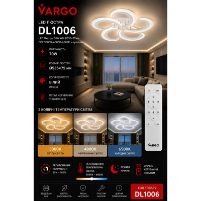 LED Люстра 70W WH Ø535*75мм ССТ 3000К-4000К-6500К з пультом