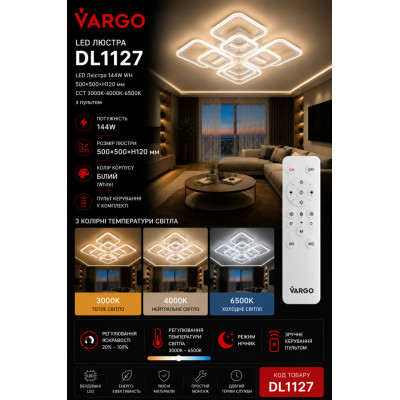 LED люстра VARGO DL1127 144W WH 500×500×120 мм
