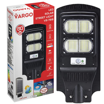 LED вуличний світильник на сонячній батареї VARGO 80W 6500K, Акумулятор: 3.2V, 12Аh Сонячна панель: 6V, 9W, з датчик руху, 116789