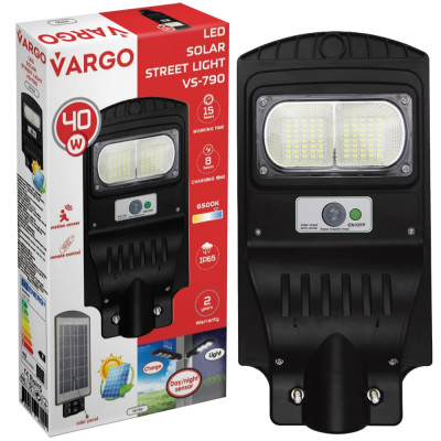 LED вуличний світильник на сонячній батареї VARGO 40W 6500K, Акумулятор: 3.2V, 6Аh Сонячна панель: 6V, 7W, з датчик руху, 116790