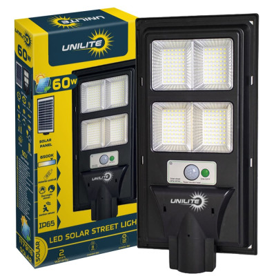 LED вуличний світильник на сонячній батареї UNILITE 60W 6500K, Акумулятор: 3.2V, 5Аh Сонячна панель: 6V, 6W, з датчик руху, 117918