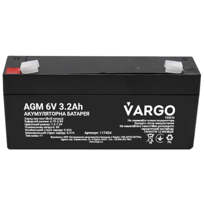 Cвинцево-кислотний аккумулятор AGM VARGO 6V 3.2AH (117454) 134x34,5x60(65) мм Cвинцево-кислотний аккумулятор AGM VARGO 6V 3.2AH (117454) 134x34,5x60(65) мм