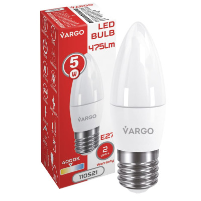 LED лампа VARGO C37 5W E27 4000K 475lm (110521) LED лампа VARGO C37 5W E27 4000K 475lm (110521)