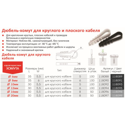 Дюбель-хомут VARGO для круглого кабеля Ø12мм, черный 100шт (118095)