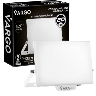 LED Прожектор VARGO Premium 20W, 2400lm, 120lm/w, IC Driver, 2 роки гарантія, білий (118920)
