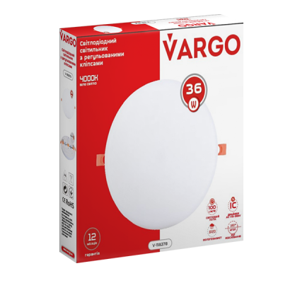 Светодиодный светильник VARGO круг 36Вт 4000К 36000лм с регулируемыми зажимами в розетке отв. 50-70мм, диаметр 220мм (118378) Светодиодный светильник VARGO круг 36Вт 4000К 36000лм с регулируемыми зажимами в розетке отв. 50-70мм, диаметр 220мм (118378)