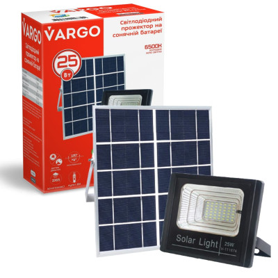 LED Прожектор VARGO на сонячній батареї 25W Світловий потік: 1250lm Акумулятор: 3.7V, 4Аh Час зарядки 8 годин Час роботи: 12 годин Вбудований датчик день / ніч, з пультом керування (111874) LED Прожектор VARGO на сонячній батареї 25W Світловий потік: 1250lm Акумулятор: 3.7V, 4Аh Час зарядки 8 годин Час роботи: 12 годин Вбудований датчик день / ніч, з пультом керування (111874)