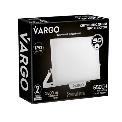 LED Floodlight VARGO Premium 30W, 3600lm, 120lm/w, IC Driver, 2-year warranty, white (118921)